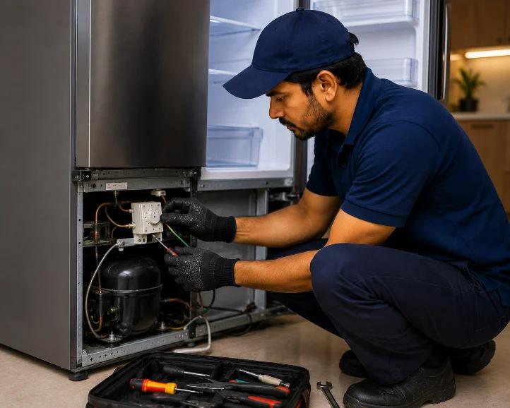 Technician servicing a split AC unit